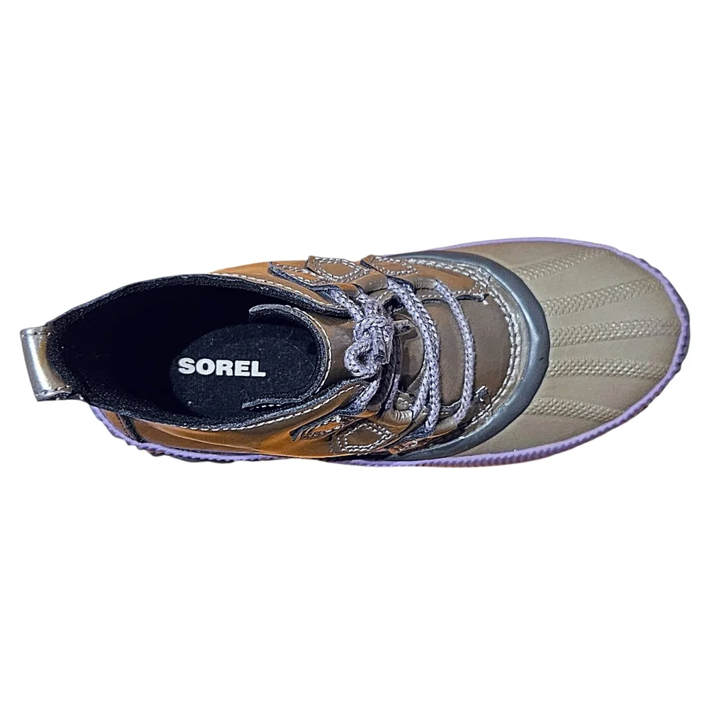 Sorel Girls Waterproof Rain Winter Snow Duck Boots In Tan Lavender & Silver 4